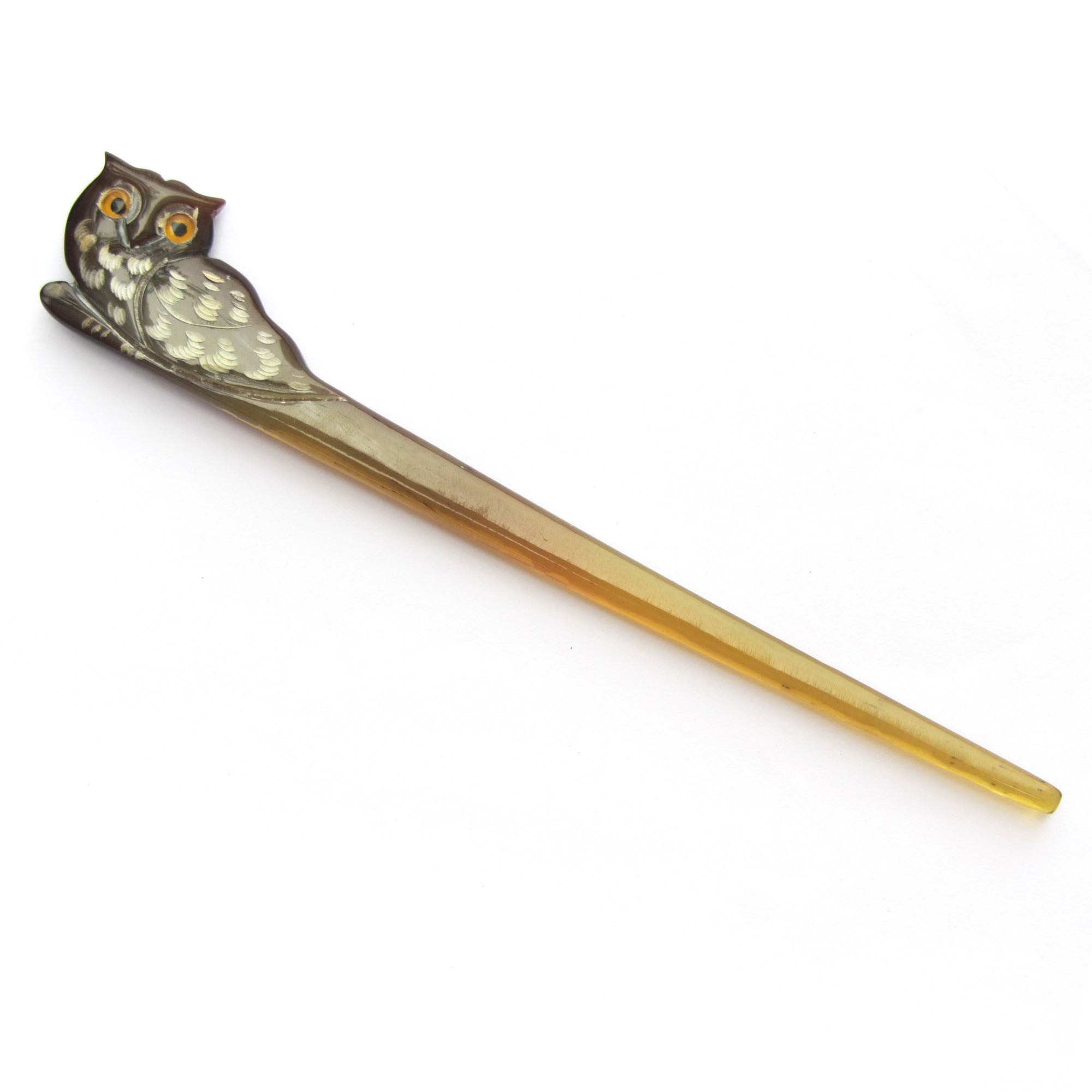 Light shade owl buffalo horn hair stick