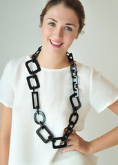 Black long link chain buffalo horn necklace, big chainmaille necklace