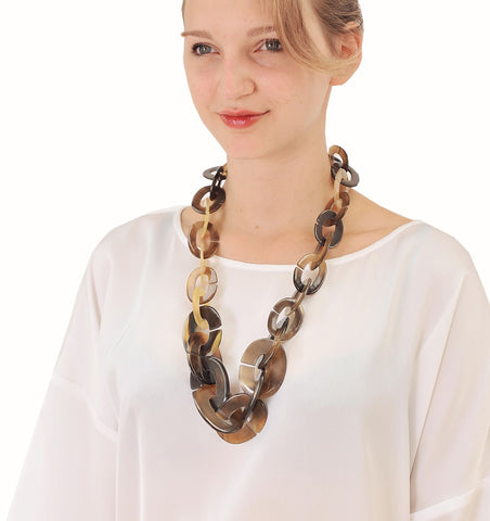 Black long link chain buffalo horn necklace, big chainmaille necklace