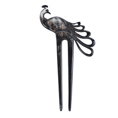 Black Buffalo horn hair fork Carved Peacock