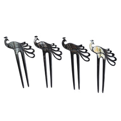 Black Buffalo horn hair fork Carved Peacock